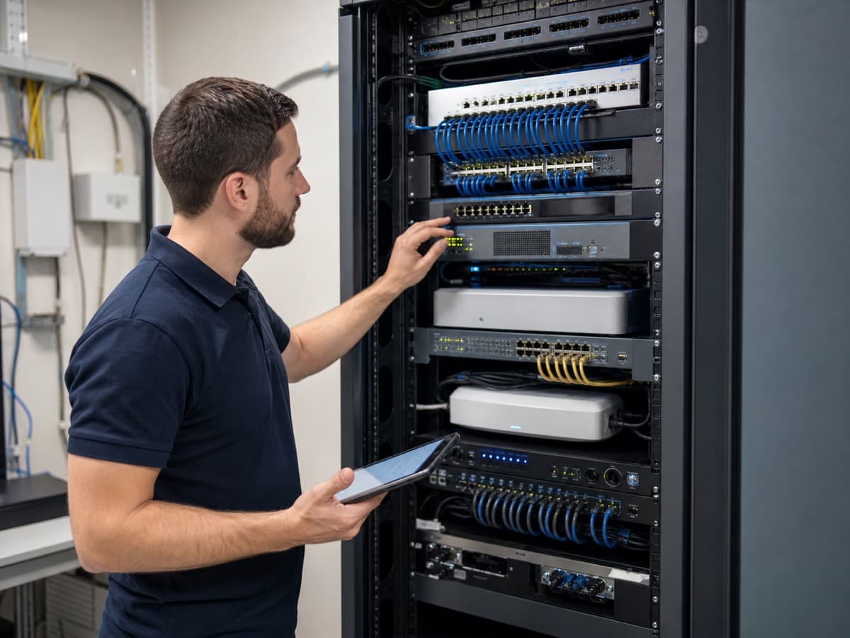 Network Support and Computer Networking Services in Edmonton — structured network rack, Wi-Fi, firewall, and cabling review.
