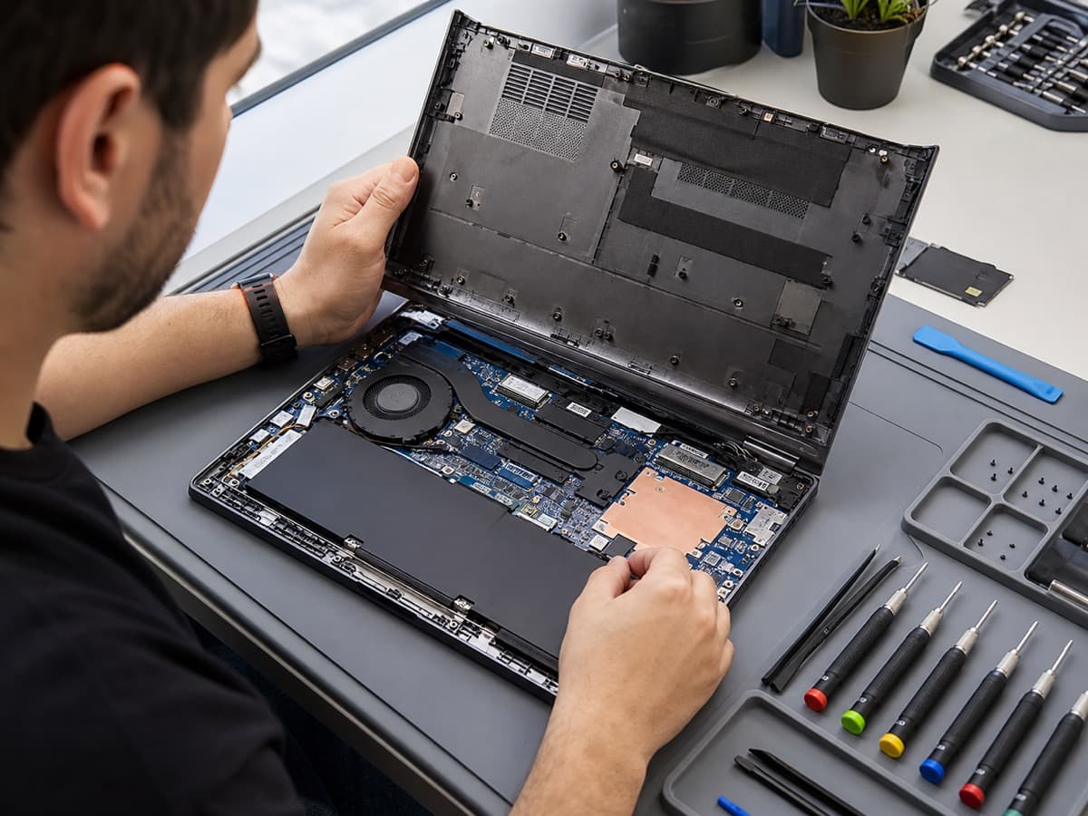 Laptop Repair in Edmonton — opened laptop hardware repair on an anti-static mat.