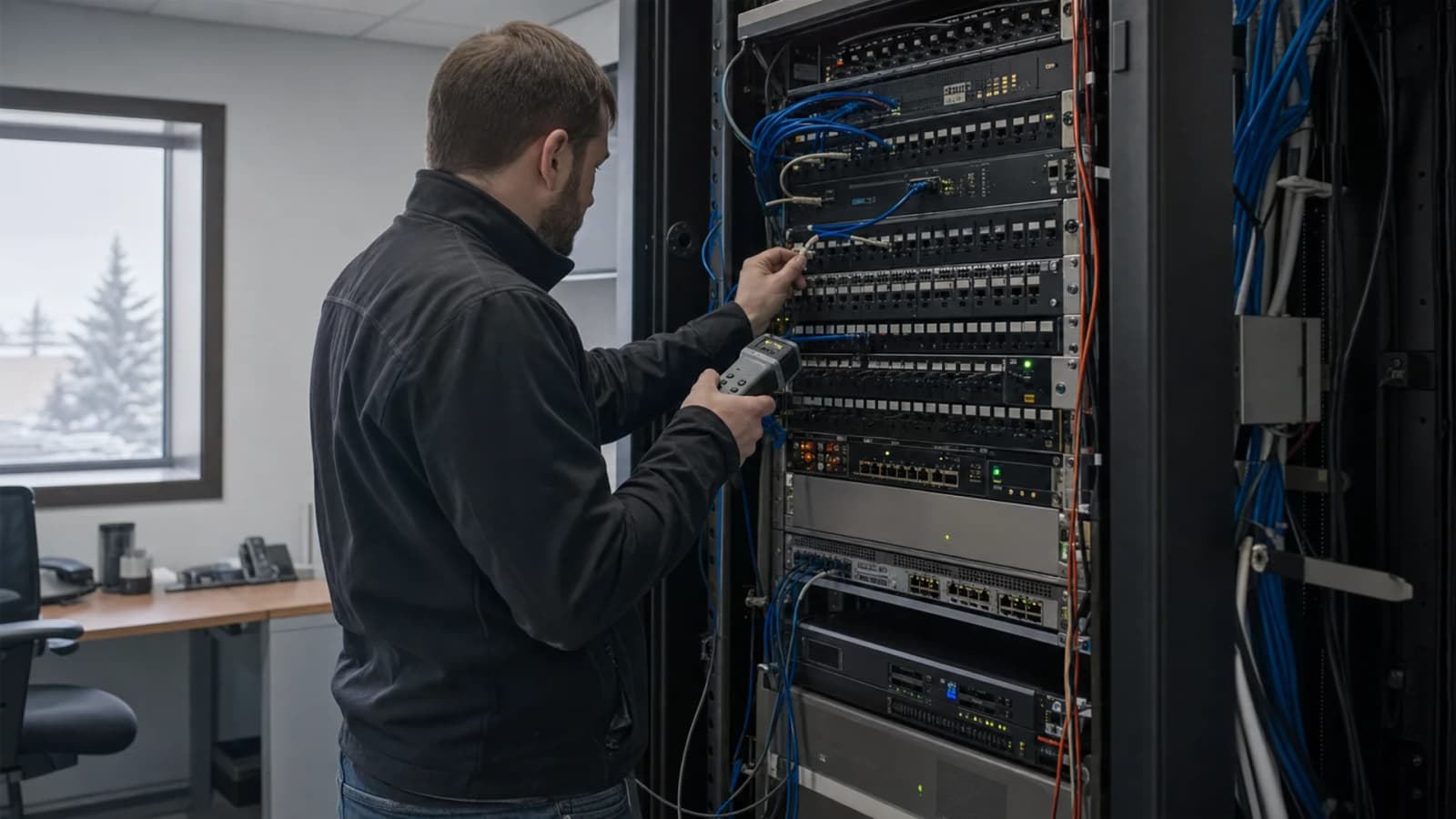 Network technician testing a switch and patch panel in an Edmonton office server rack