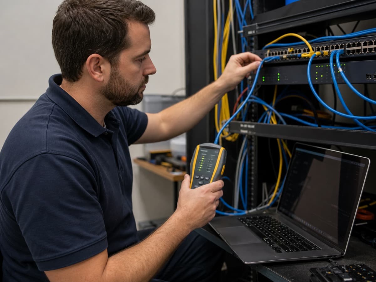Network Troubleshooting Edmonton Business Network Support and Troubleshooting in Edmonton — network outage troubleshooting with cable tester.