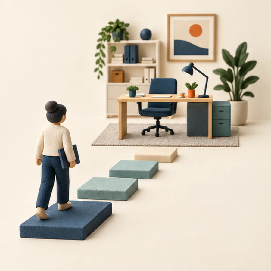 A clear path leading to an organized office workspace.